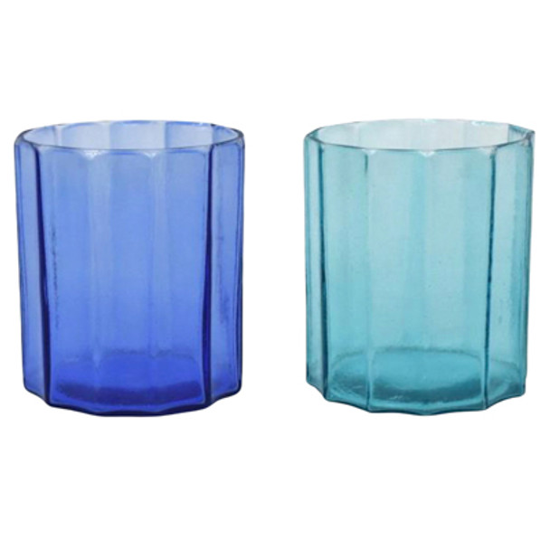 CANDLE HOLDER 2AST DARK BLUE/AQUA BLUE GLASS