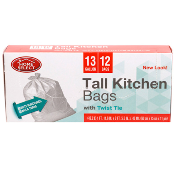 TRASH BAGS 12CT 13 GALLON WHITE TWIST TIE HOME SELECT