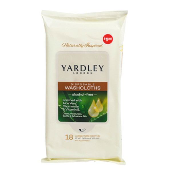 WASHCLOTH 18CT DISPOSABLE ALCOHOL FREE ALOE VERA CHAMOMILE & VITAMIN E YARDLEY IN 2-12PC PDQ PP1.25