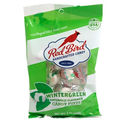 RED BIRD WINTERGREEN CANDY PUFFS 4 OZ PEG BAG