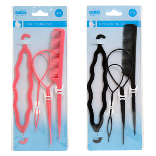 HAIR STYLING SET 4PCS W/TOPSY TAIL TOOLS/BUN MAKER & COMB/2 CLRS BLK/PINK HBA PB/INSERT