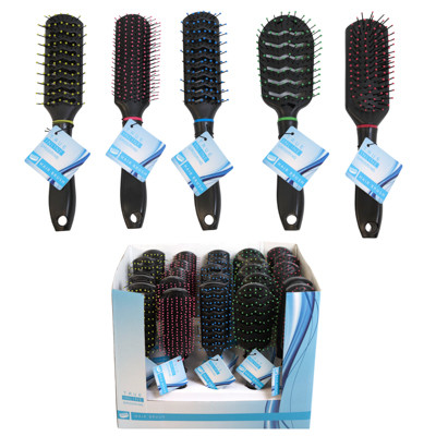 HAIR BRUSH ALL BLACK W/COLOR BALL TIPS & NECK BAND 5AST/25PC PDQ/HT