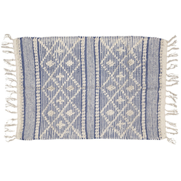 RUG 2X3 REVERSIBLE DIAMOND TEXTURED FRINGE HANDLOOMED NATURAL/FRENCH BLUE COTTON