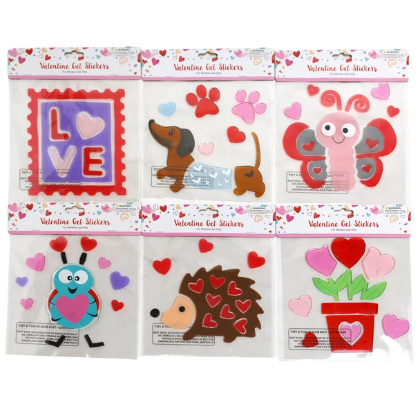 GEL CLING VALENTINE STICKERS 6AST VAL/PBH