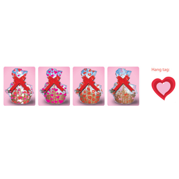 CELLO BAG-A-BASKET SET W/PULL BOW & GIFT TAG 2ASST VALENTINE PRINTS 22X25X8IN 12PC MDSG STRIP VAL/PBH