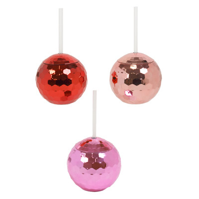 DISCO BALL TUMBLER 500ML W/STRAW 3AST COLORS RED/PINK/PURPLE LABEL