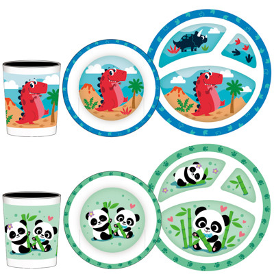 DINNERWARE KIDS MELAMINE144PC SHIPPER DINO/PANDA 5.25IN BOWL/8OZ CUP/8.25IN 3 SECTION PLATE