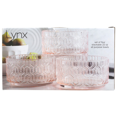 GLASS BOWLS 4PC SET 22OZ BLUSH LYNX LITHO BOXED
