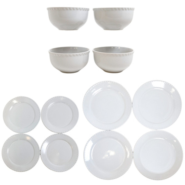 DINNERWARE 12PC SET HAMILTON BEADED WHITE BROWN BOX AMERICAN ATELIER