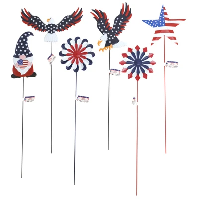 PATRIOTIC YARD STAKE 6AST/24IN METAL EAGLES/GNOME/STAR/FLOWER