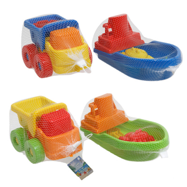 BEACH TOY SET LARGE BOAT/TRUCK W/2PC SAND MOLDS 4AST IN MESH BAG W/HT
