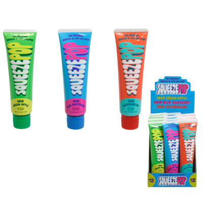 SQUEEZE POP SOURS 4 OZ TUBE COUNTER DISPLAY GREEN APPLE - BLUE RASPBERRY - WATERMELON