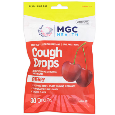 COUGH DROPS 30CT CHERRY MGC HEALTH 8-12PC TRAY PACK EXPIRY 06/2027
