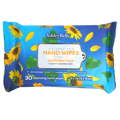 HAND WIPES 30CT SCENTED SUNFLOWER HAZE ASHLEY BELLE COLLECTION 12PC COUNTER DISPLAY
