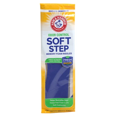 ARM & HAMMER MEMORY FOAM INSOLES ODOR CONTROL 1PAIR MENS 8-14/WOMENS 6-10 TRIM TO FIT