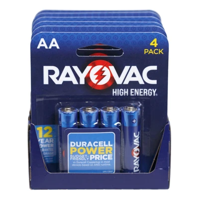 RAYOVAC 4PK AA HIGH ENERGY ALKALINE BATTERIES 3-6PC TRAY PACKS-NO ONLINE SALES - SELL IN USA ONLY