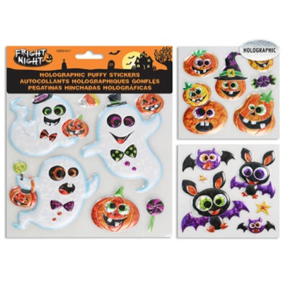 STICKER HOLOGRAPHIC PUFFY 3AST GHOSTS/PUMPKINS/BATS 12PC MDSGSTRIP