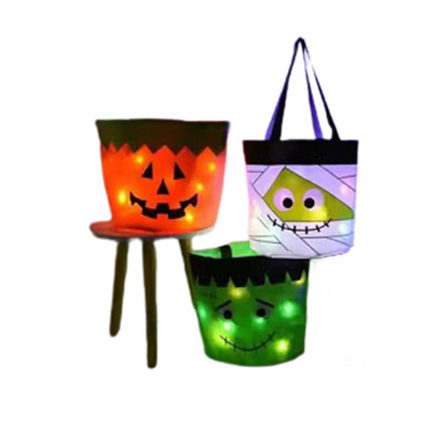 TRICK OR TREAT BAG W/MULTIFUNCTION LED LIGHTS 3AST/POLYESTER 9X12IN HLWN HT/PB
