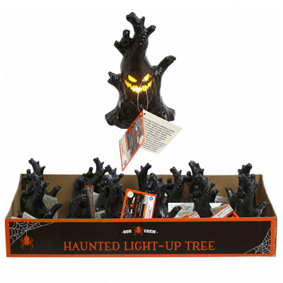 HAUNTED TREE W/LIGHT-UP FACE BLACK PLASTIC 6.3IN H/18PC PDQ