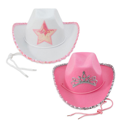 COWBOY HAT LADIES SEQUIN RIM WHITE W/PINK STAR OR PINK W/TIARA