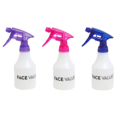 SPRAY BOTTLE 8OZ TRIGGER FACE VALUES 3ASSORTED COLORS BLUE/PURPLE/PINK PP$1.49