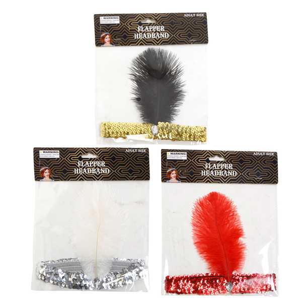 FLAPPER HEADBAND W/SEQUIN ELASTIC BAND & FEATHER RED/BLACK/WHITE PBH