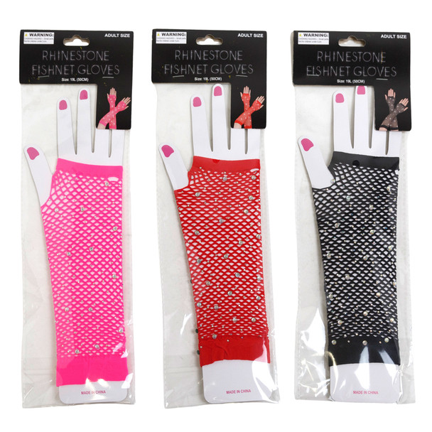 COSTUME FISHNET FINGERLESS GLOVES W/RHINESTONE ACCENTS 17.75IN L/RED/PINK/BLACK