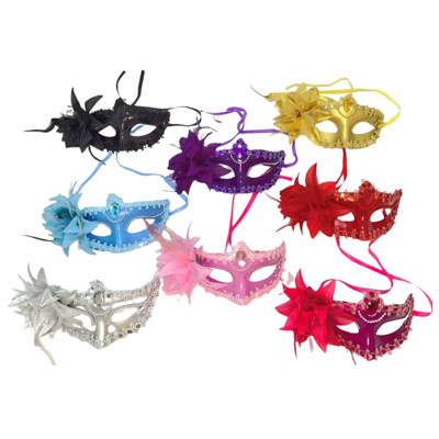 MASK CARNIVALE 8AST CLRS W/TEMPLE GEM & SIDE ACCENT FLOWER/FEATHER PARTY HEADER
