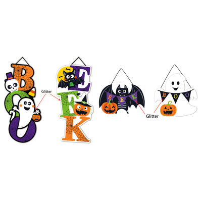WALL PLAQUE HALLOWEEN BOO/EEK W/GLITTER TRIM BAT/GHOST HLWN/LABEL