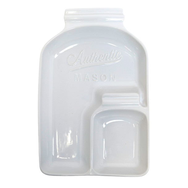 CHIP & DIP TRAY 12IN 2SECTION MASON JAR SHAPE WHITE GLASS