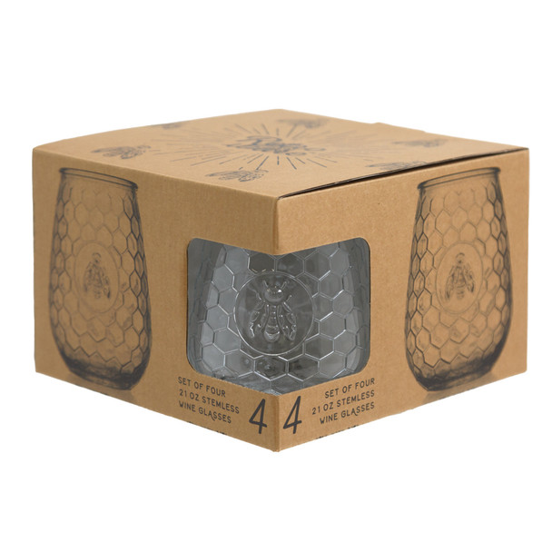 STEMLESS GLASS 4PC SET 21OZ RETROWARE EMBOSSED BEE
