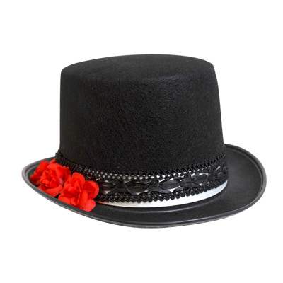 HAT UNISEX TOP HAT BLACK W/ROSE ACCENT & EMBROIDERED BAND HT/JHOOK