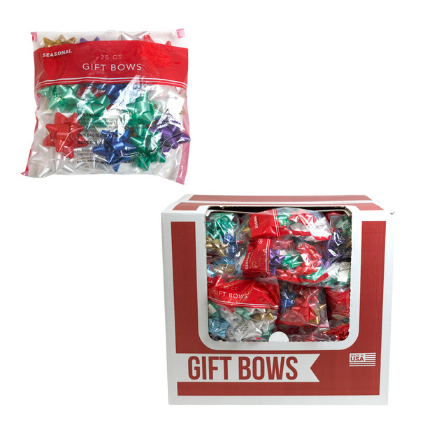 BOWS CHRISTMAS 25CT PEEL N STICK AST COLORS PRINTED POLY BAG