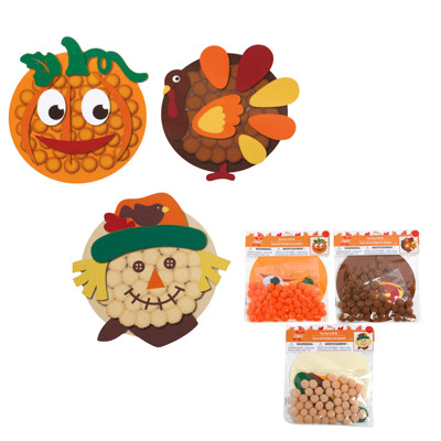 CRAFT SET KIDS HARVEST W/POM-POMS 3AST TURKEY/PUMPKIN/SCARECROW IN HARVEST PBH