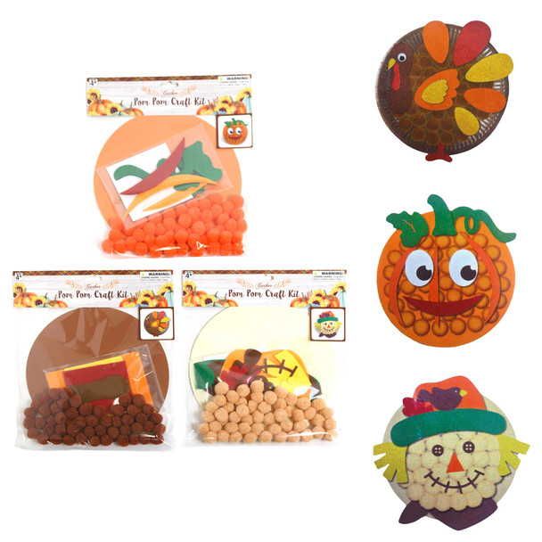 CRAFT SET KIDS HARVEST W/POM-POMS 3AST TURKEY/PUMPKIN/SCARECROW IN HARVEST PBH