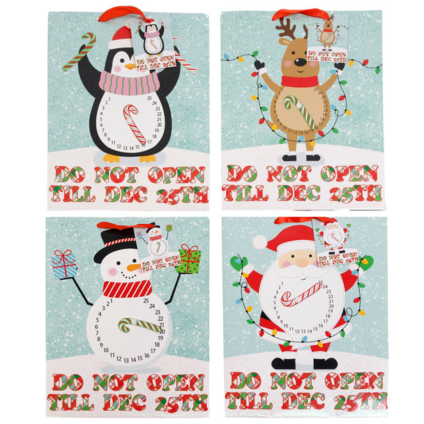 GIFT BAG LG 10X12.5X5 COUNTDOWN TO XMAS W/GLITTER 4AST PAPER/UPC LABEL