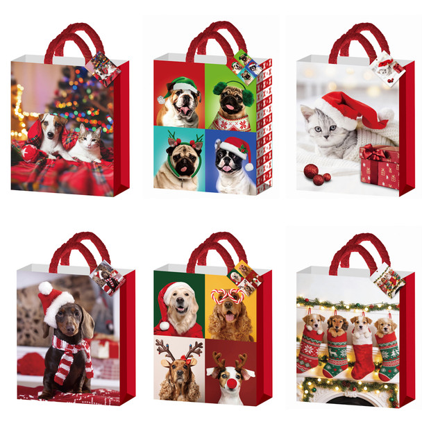 GIFT BAG CHRISTMAS LARGE CUTE PETS W/FURRY HANDLE 6AST 10.2 X 5 X 12.75IN UPC LABEL