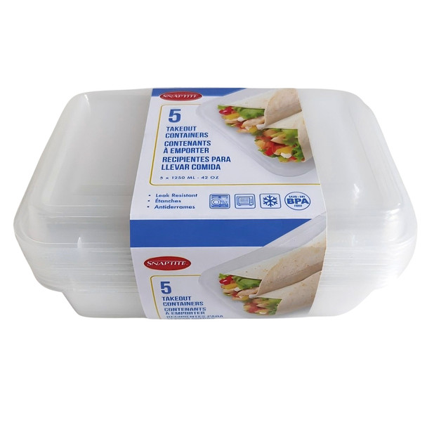 TAKEOUT MEAL PREP CLEAR PLASTIC 42OZ CONTAINERS 10PC-5 LIDS/5 TRAYS/SLEEVE CARD