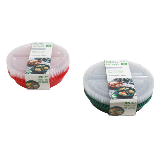 TAKEOUT MEAL PREP ROUND PLASTIC CONTAINERS-10PK 5PC LID/5PC BASE/RED/GREEN BASE/SLEEVE CARD