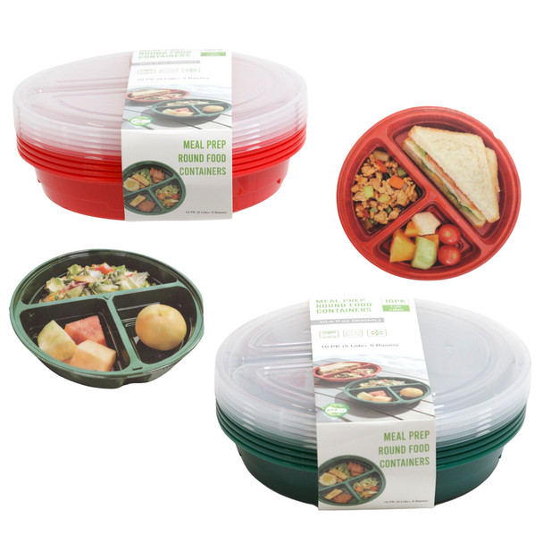 TAKEOUT MEAL PREP ROUND PLASTIC CONTAINERS-10PK 5PC LID/5PC BASE/RED/GREEN BASE/SLEEVE CARD