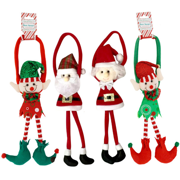 DOOR HANGER ELF& SANTA & MRS CLAUS 16IN BARBELL HDR