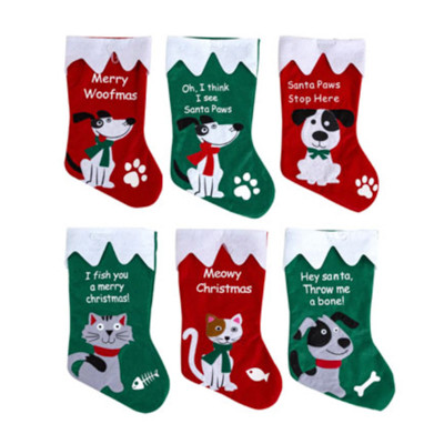STOCKING PET 6AST FELT 18IN 16DOG/8CAT W/FUN SAYINGS RED/GREEN JHOOK/HT