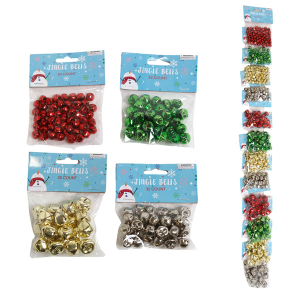 JINGLE BELLS 3 SIZE/4COLOR 1EACH ON 12PC DISPLAY STRIP 20/32/50CT PBH