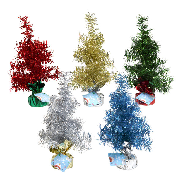 CHRISTMAS TINSEL TREE 12IN 5AST COLORS/32 TIPS W/CEMENT BASE