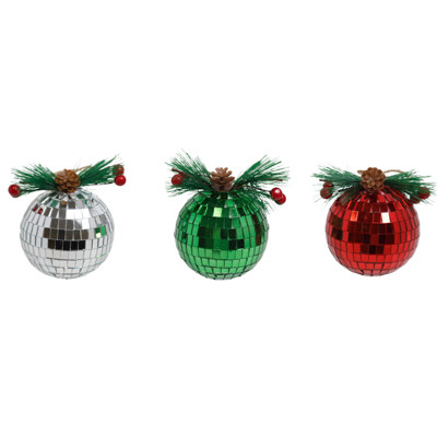 ORNAMENT DISCO BALL W/GREENERY ACCENT 3IN SILVER/RED/GREEN XMAS HT/OPEN OPP BAG