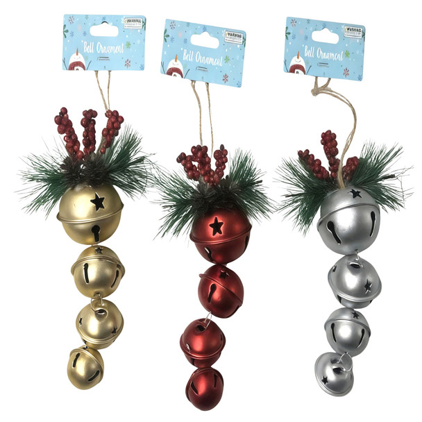 CHRISTMAS BELL ORNAMENT 4TIER/ 7.48IN RED/SILVER/GOLD W/GREENERY XMAS HDR