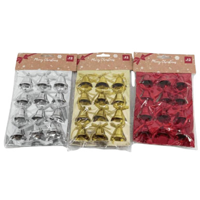 MINI TREE CHRISTMAS BELL ORNAMENTS 12PC 1.18IN SILVER/RED/GOLD XMAS PBINSERTCARD