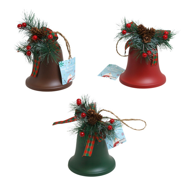 BELL DOOR GREETER/ORNAMENT 8.66IN VINTAGE W/GREENERY RIBBON 3AST COLORS XMAS/HT