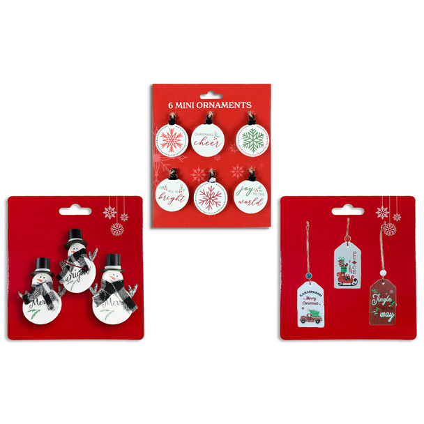ORNAMENTS MINI MDF 3AST 3PK SNOWMAN/6PK ROUND/3PK LUGGAGE TAG SHAPE EA SET/XM TCD