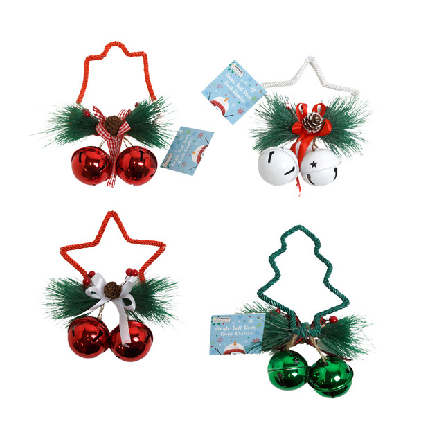 CHRISTMAS BELL DOORKNOB HANGER/ORNAMENT DECOR 7IN 4AST W/GREENERY XMAS/HT